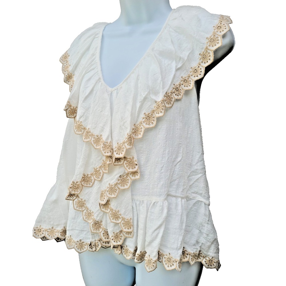 Max Studio Blouse Women's XL Sleeveless V-Neck Ruffle Embroidery Eyelet Trim Top